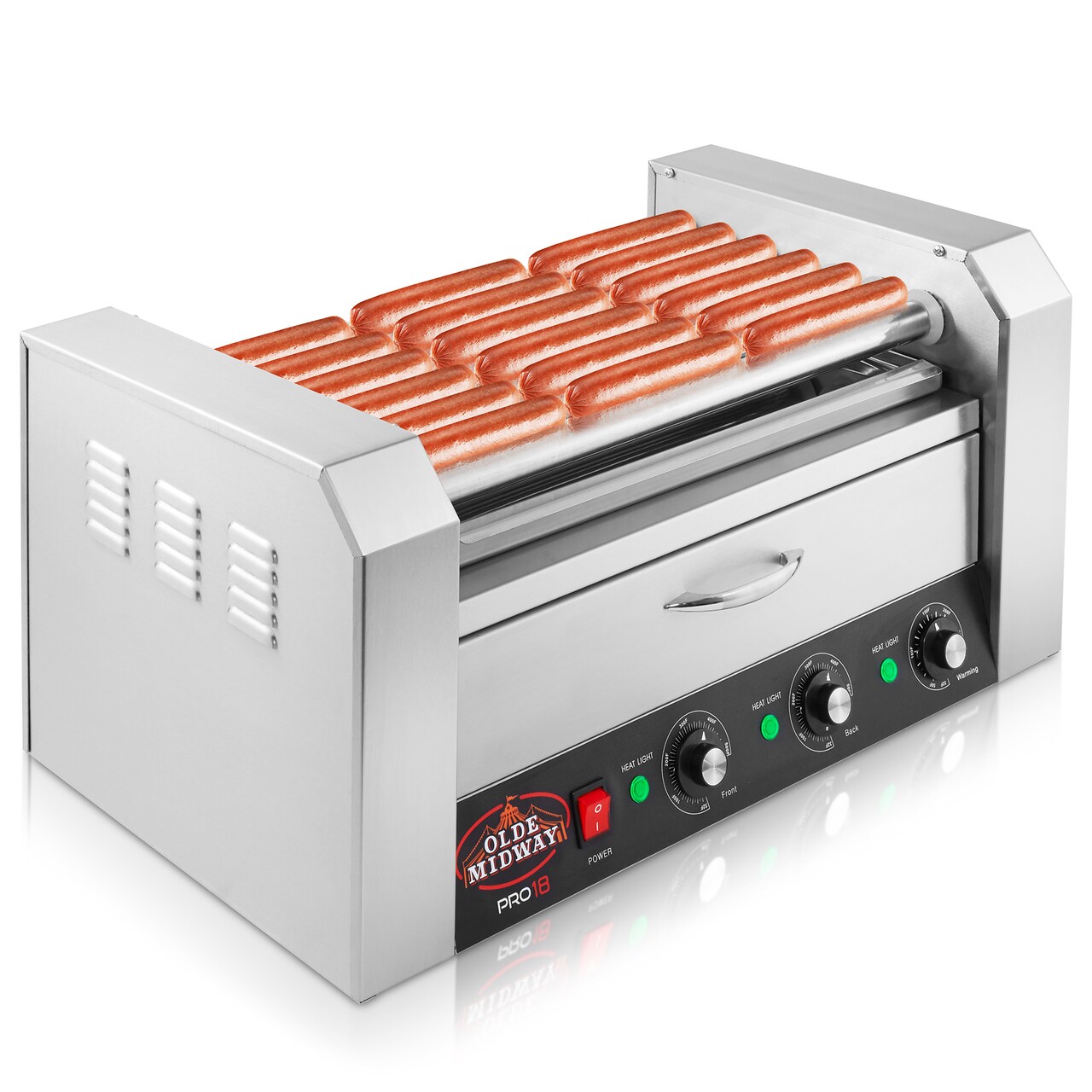 Olde Midway Electric Hot Dog Roller Grill Cooker Machines with Bun Warming Drawer - Commercial Grade